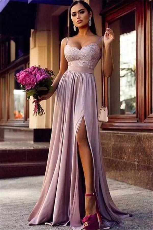 Spaghetti-Straps Pink Lace Evening Party Gowns Long With Split - lulusllly