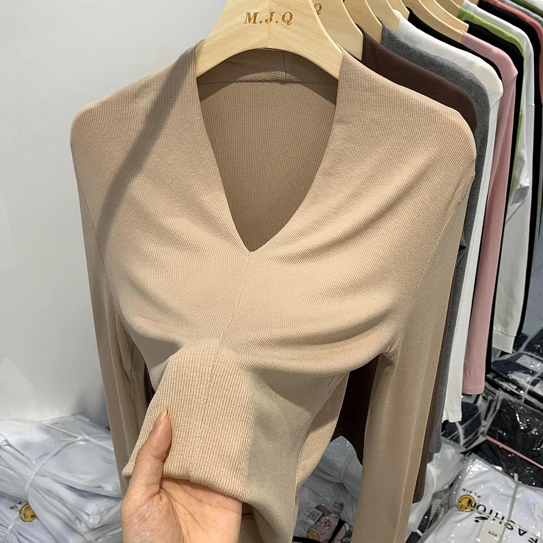 Toloer Threaded Deep V Long-Sleeved T-Shirt Women's Spring And Autumn New Slim Bottom Shirt With Pure Sexy Solid Color Blouse-Outfit Ideas