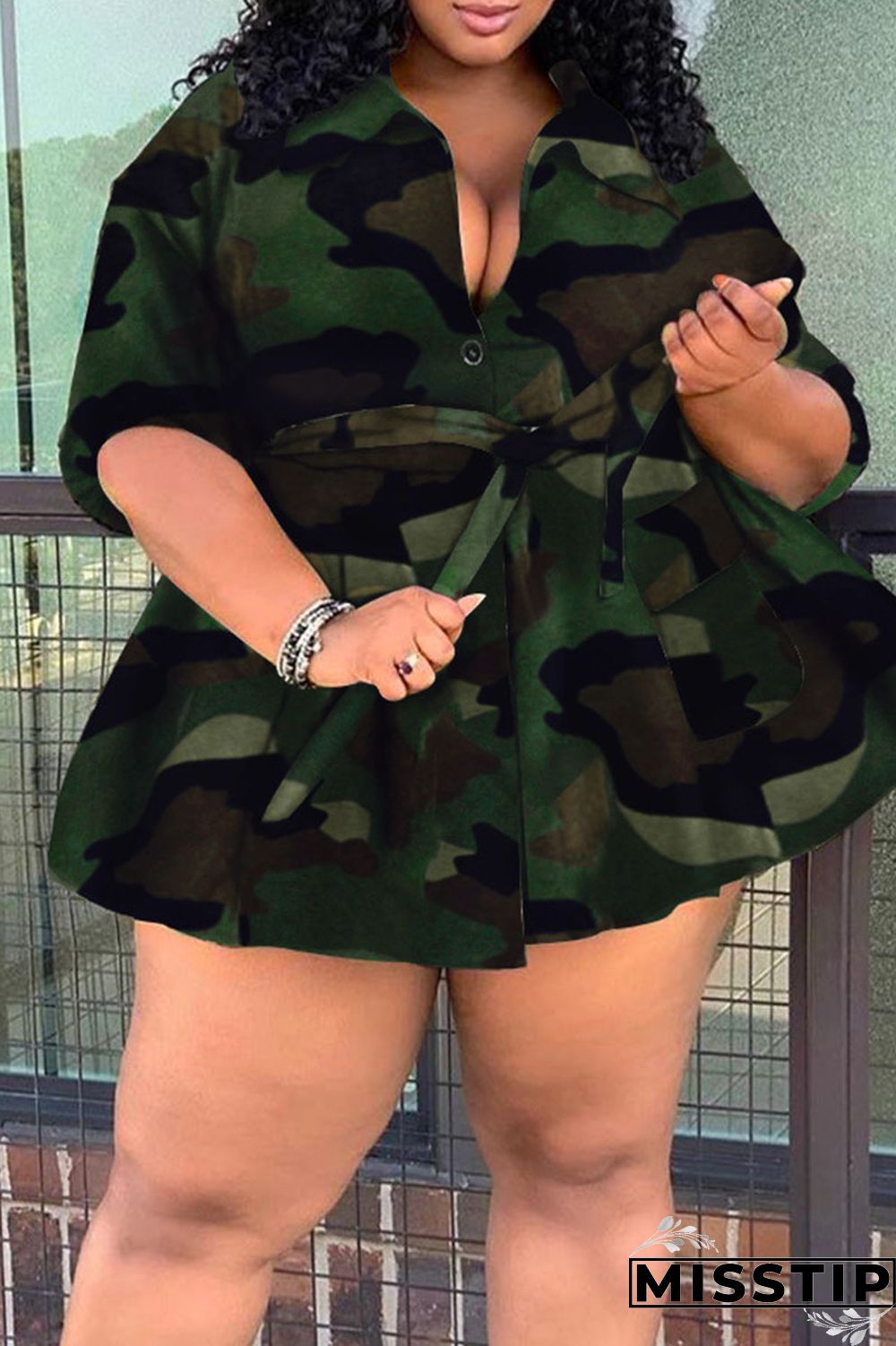 Camouflage Casual Camouflage Print Bandage Patchwork Buckle Turndown Collar Plus Size Overcoat