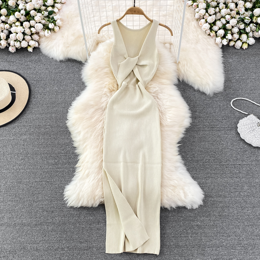 YuooMuoo Women Dress Sexy Wrap Hips Two Sides Available Split One-Piece Long Dress Knot Knitted Bodycon Party Robe Femme