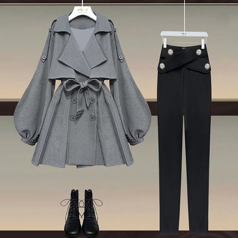 Colourp Office Ladies Elegant 2 Piece Sets Women Korean FashionTurn-down Iantern Long Sleeve Trench Coat And Bodycon Pants Sets
