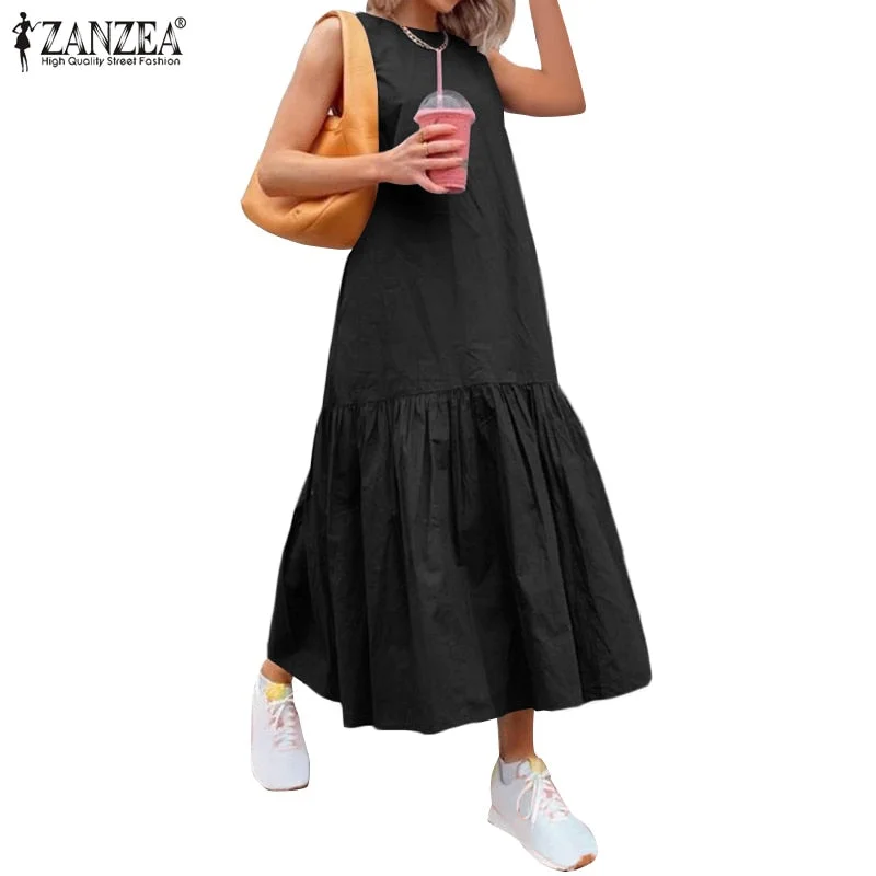 2021 Summer Solid Maxi Dress ZANZEA Sleeveless A Line Robe Fashion Casual Ruffle Dresses Womens Elegant Beach Sundress