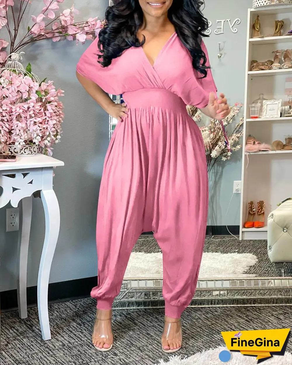 Shirred Short Sleeve Ruched Harem Jumpsuit