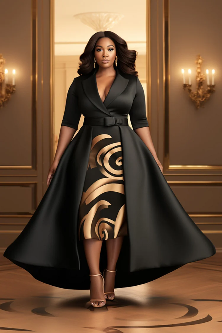 Xpluswear Design Plus Size Formal Black Wrap Neck Half Sleeve With Skirt Overlay Elegant Satin Midi Dresses [Pre-Order]