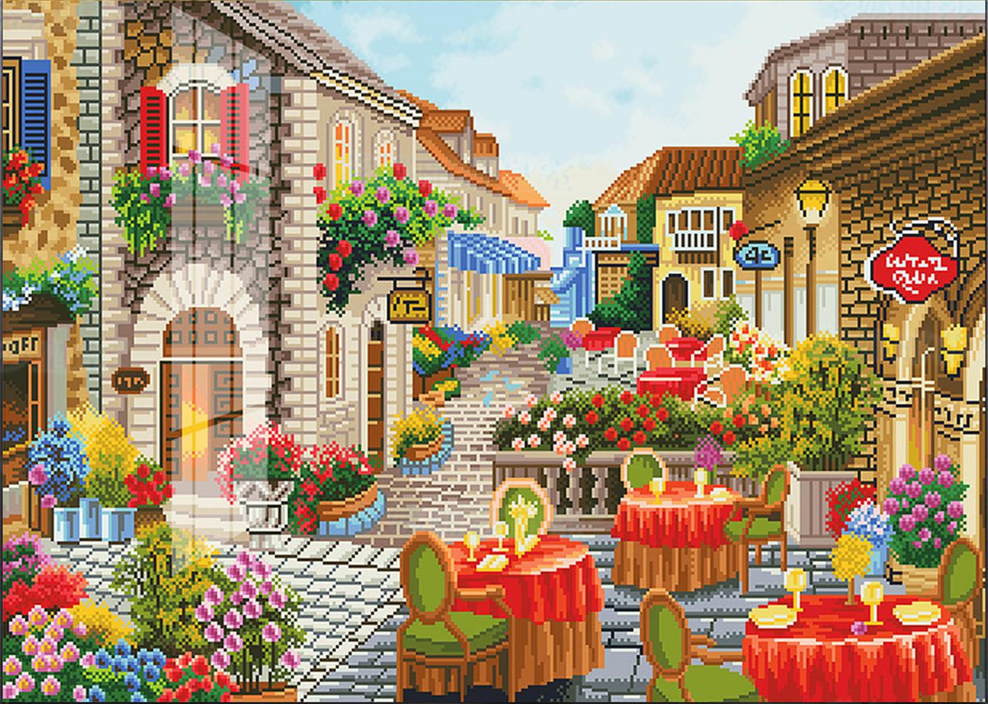 Flowery Streets And Alleys Full 11CT Pre-stamped Canvas(80*60cm) 53 colors Cross Stitch