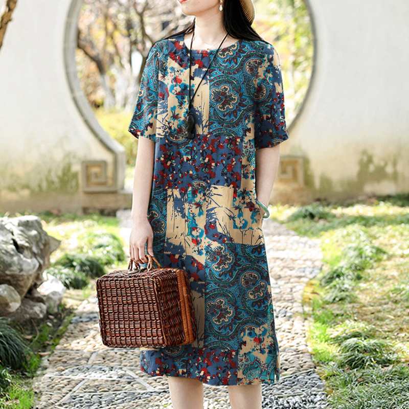 Summer Bohemain Floral Dresses ZANZEA Women Short Sleeve O Neck Vestidos Causal Holiday Sundress Robe Stylish Printed Midi Dress