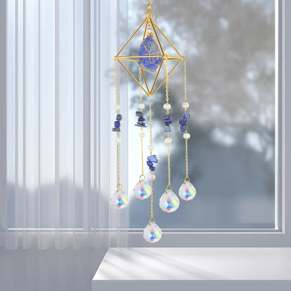 Crystal Wind Chimes Natural Stone Prism Light Catcher Decor (Dark Blue)