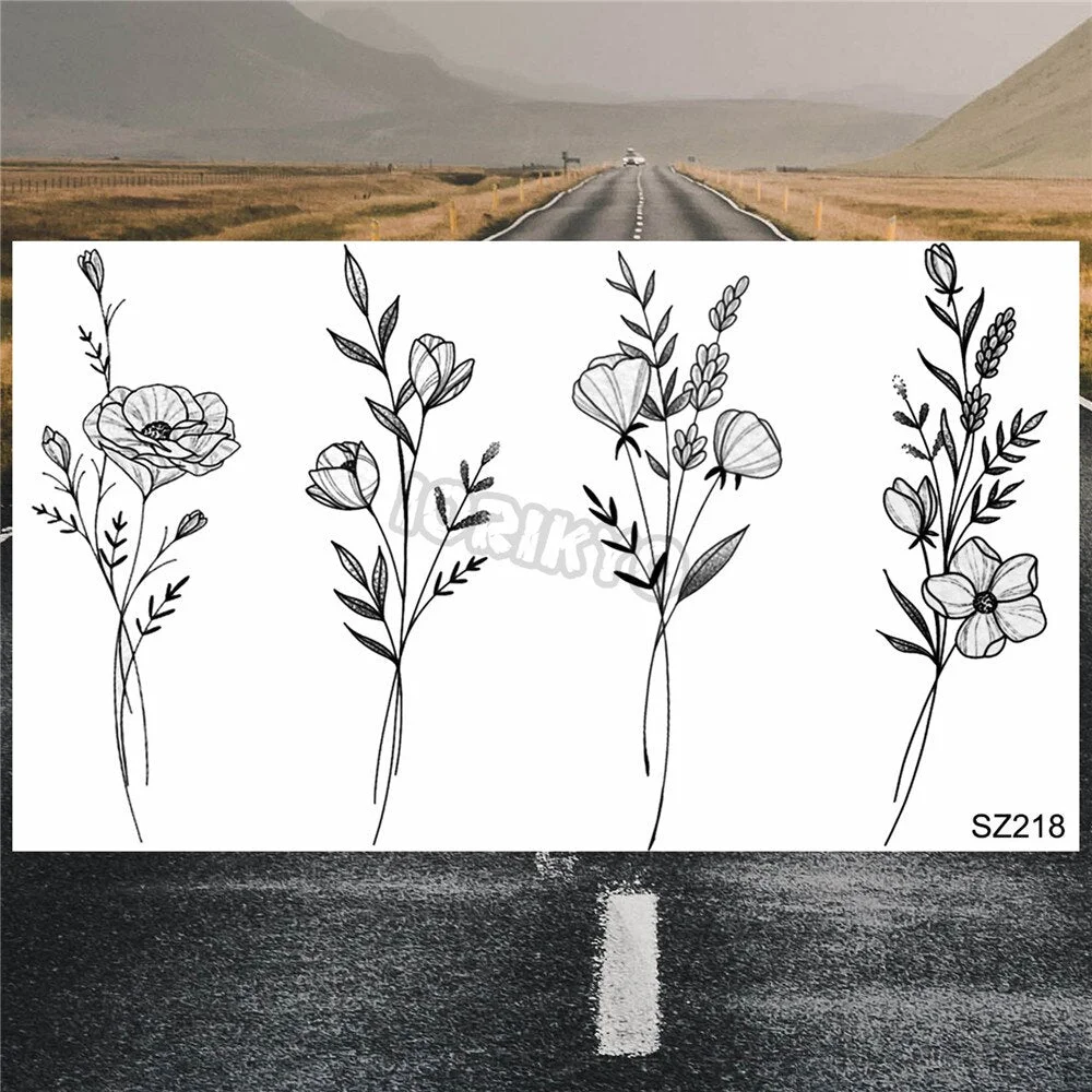 Black Poppy Flower Temporary Tattoos For Women Kids Realistic Lavender Plum Waterproof Fake Tattoo Sticker Tattoo Arm Body