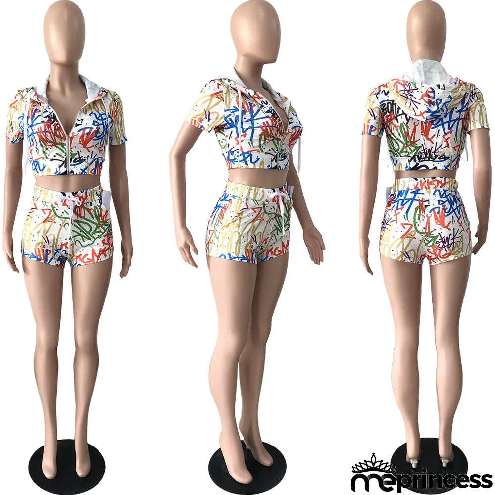 Graffiti Print Hooded Two Piece Shorts Sets