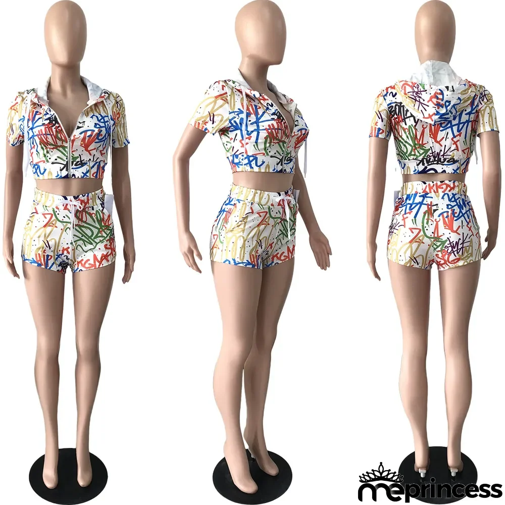 Graffiti Print Hooded Two Piece Shorts Sets