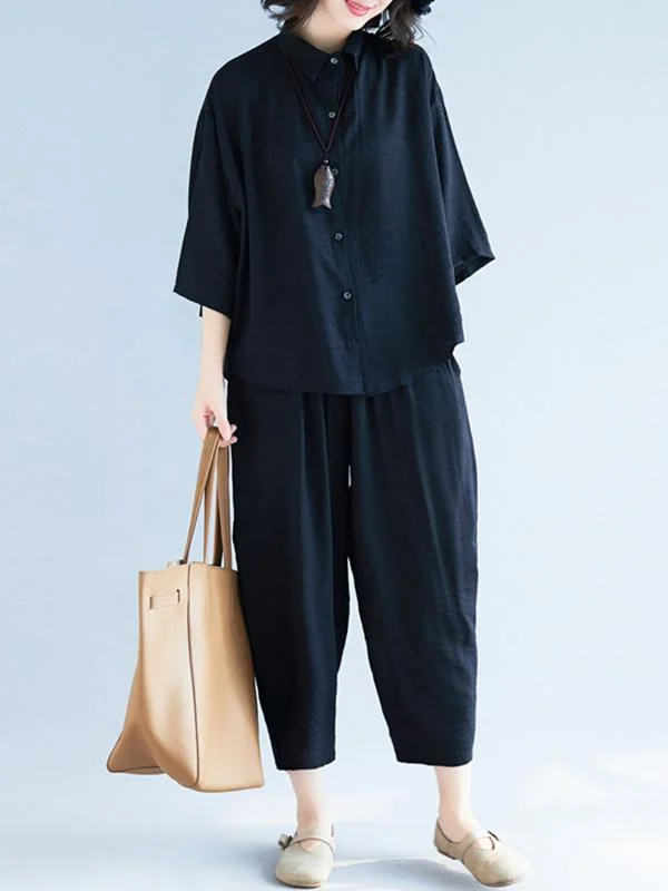 Two-Pieces Black Loose Shirt And Ninth Pants Suit