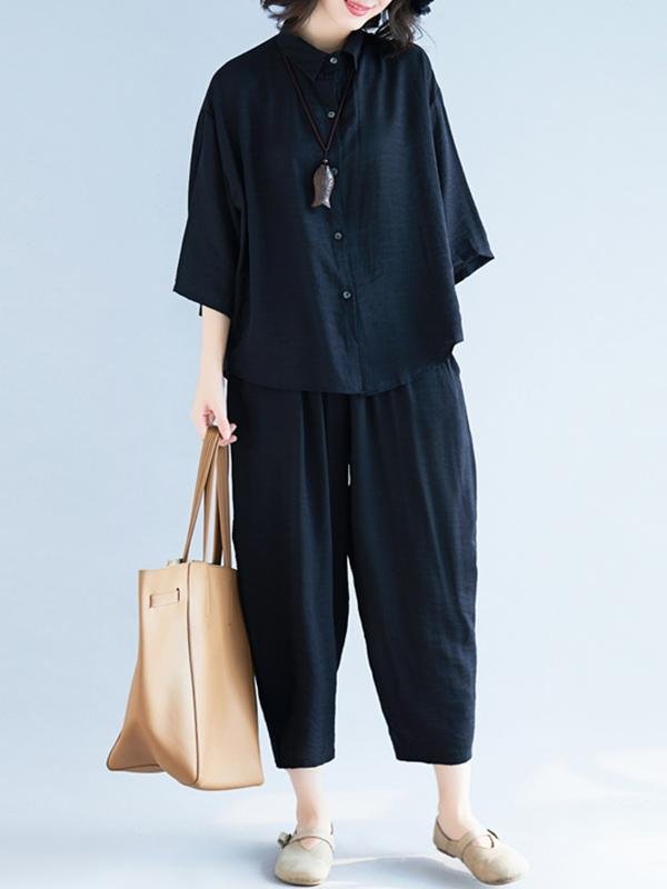 Two-Pieces Black Loose Shirt And Ninth Pants Suit