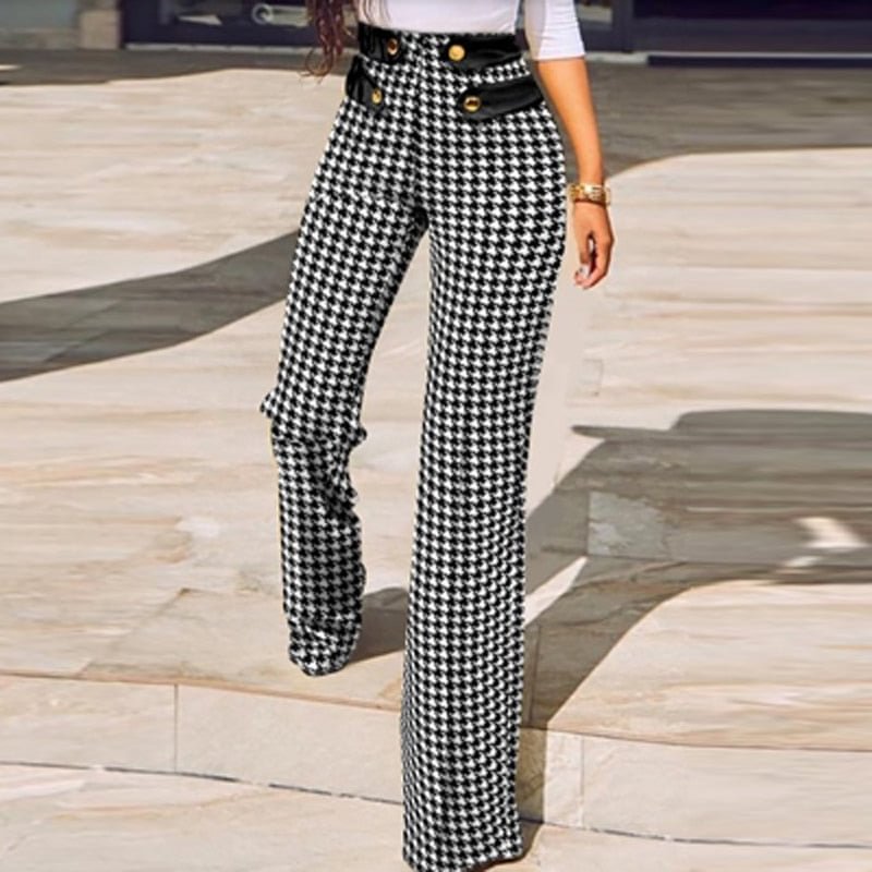 Fashion High Waist Buttoned Office Suit Pants Women Sexy Slim Bodycon Trouser Mujer Female Houndstooth Plaid Print Straight Pant