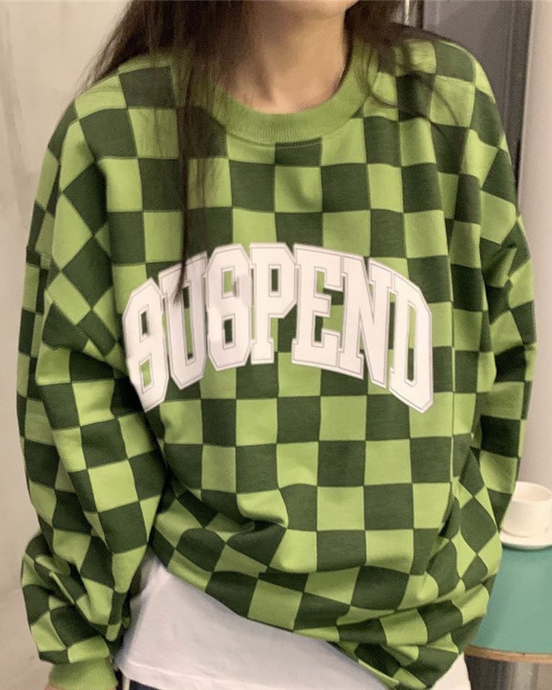 Fashionv-Checkerboard Print Crew-neck Sweatshirt