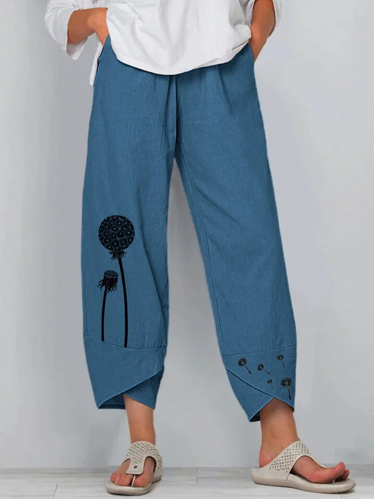 Blue Floral-Print Casual Pants