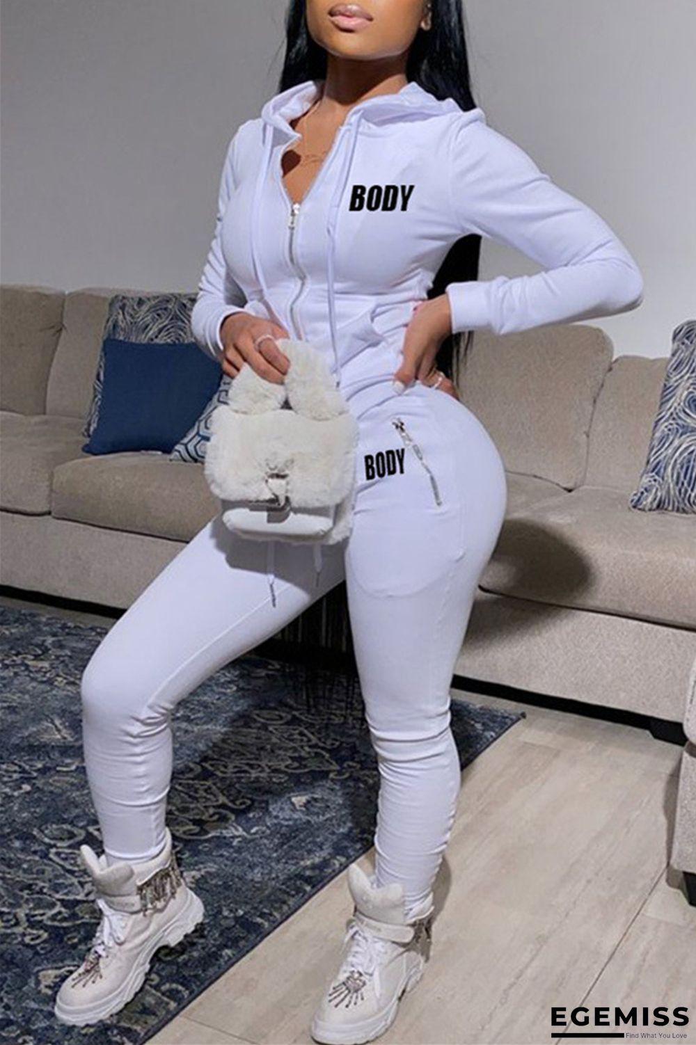 White Fashion Casual Letter Print Solid Color Hooded Collar Long Sleeve Two Pieces | EGEMISS