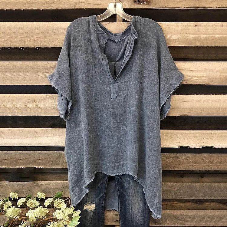 Vintage V Neck Plain Shift Short Sleeve Shirts & Tops