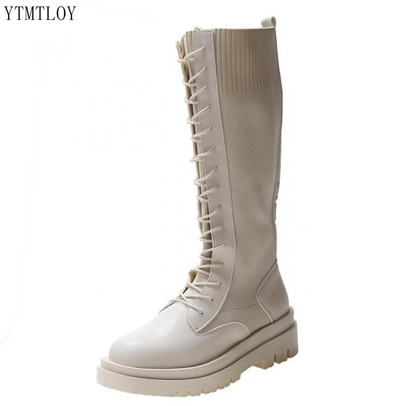 Ladies Paltform Shoes Autumn Women Knee High Boots Casual Pu Leather Lace Up Thick Sole Ytmtloy Stretch Fabric Botines De Mujer