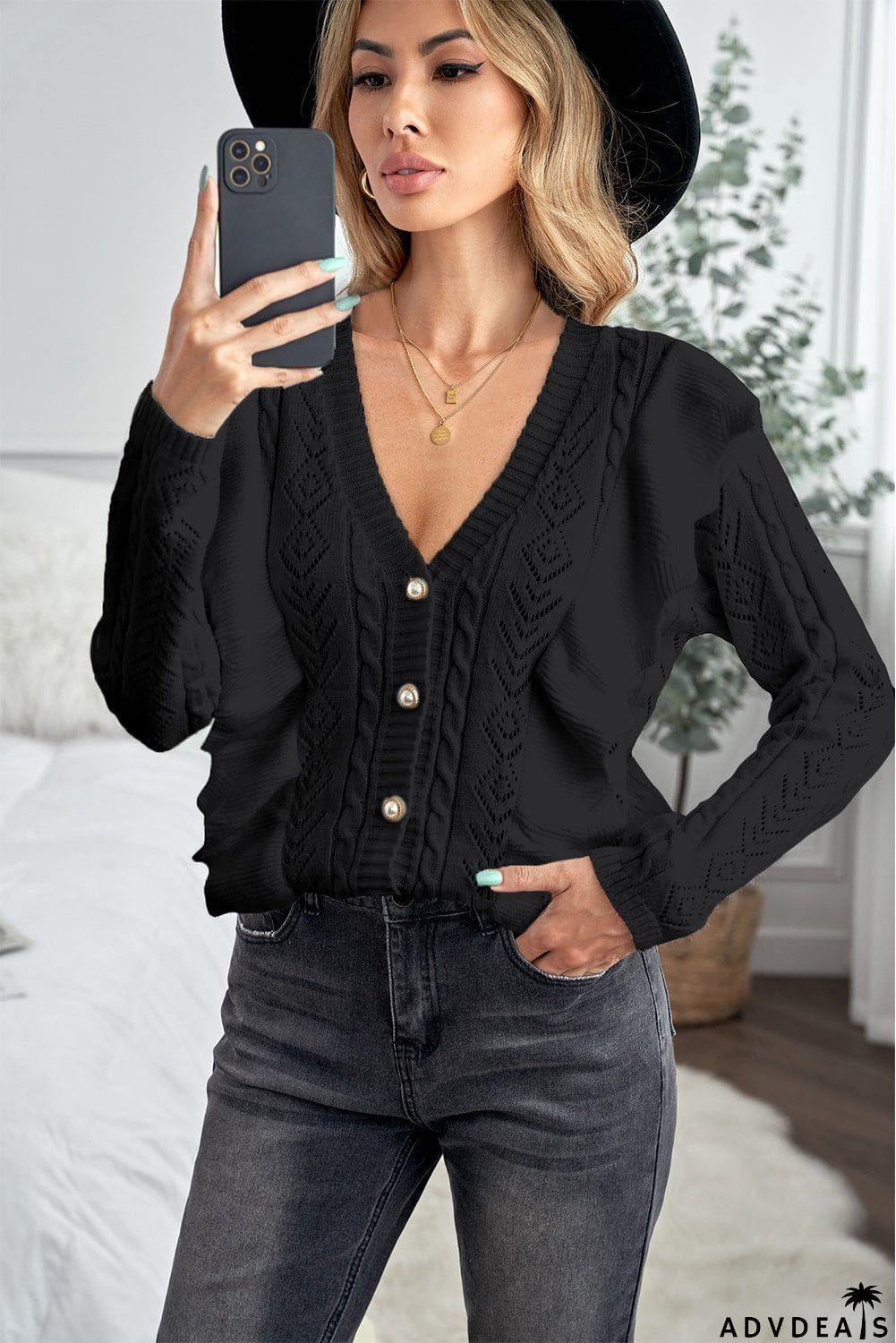 Ruffled Buttoned Open Front Knitted Sweater