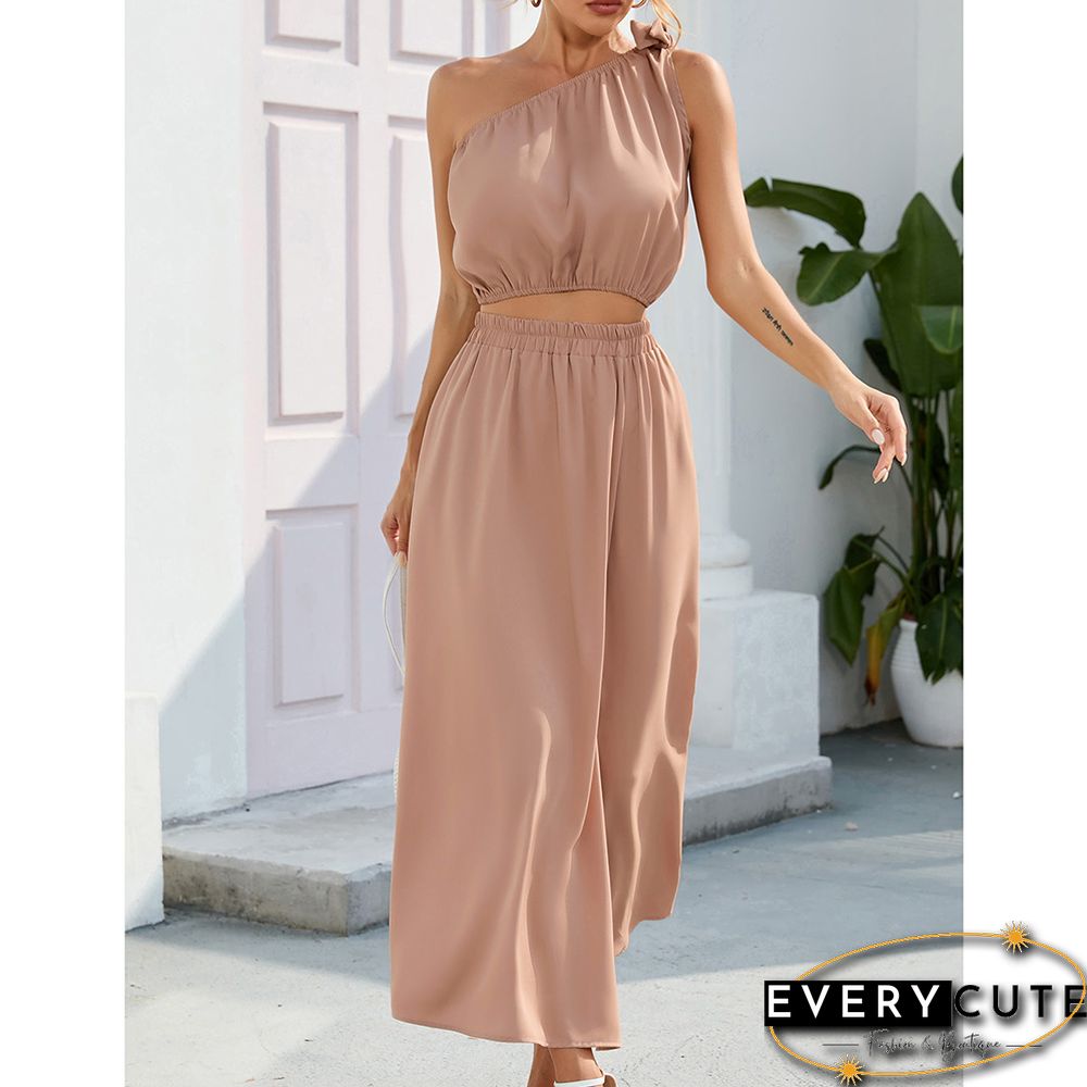 Khaki One-shoulder Crop with with Slit Maxi Skirt Set