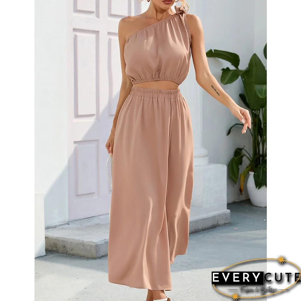 Khaki One-shoulder Crop with with Slit Maxi Skirt Set