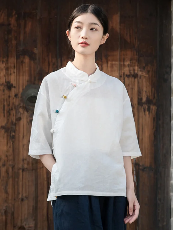 Artistic Retro Loose Half Sleeves Buttoned Contrast Color Stand Collar Blouses&Shirts Tops