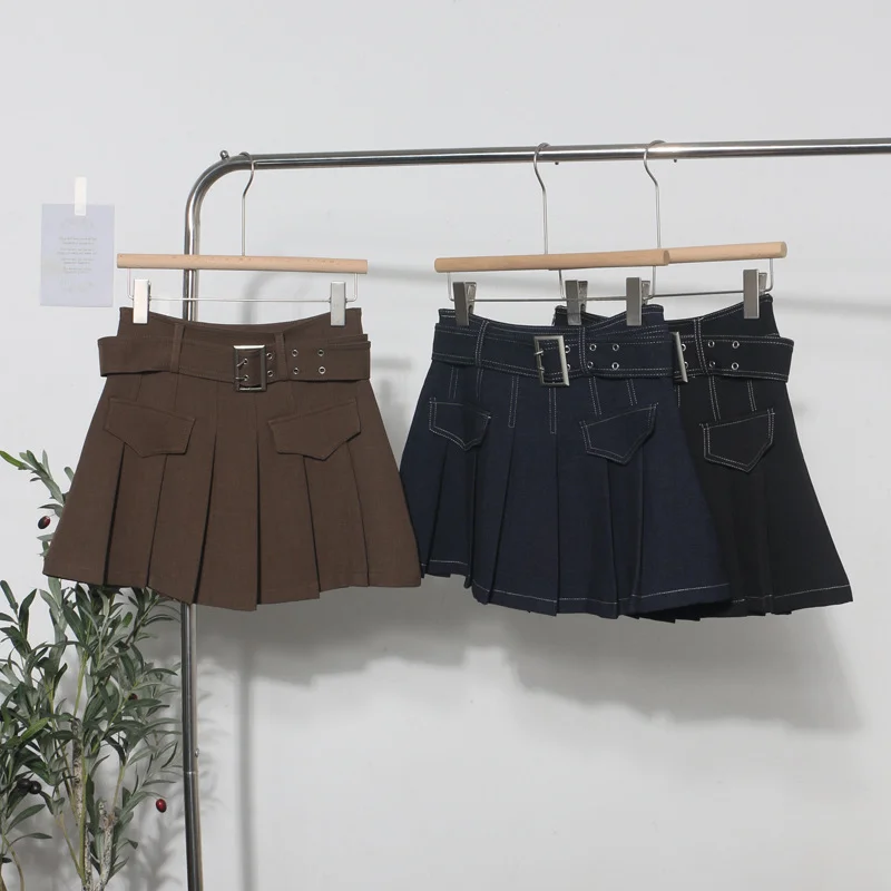 Uveng Real Shooting Hottie Retro Bright Line Dress Women Walk Light 100-Fold Skirt High-Rise Thin A Short Skirt 8201