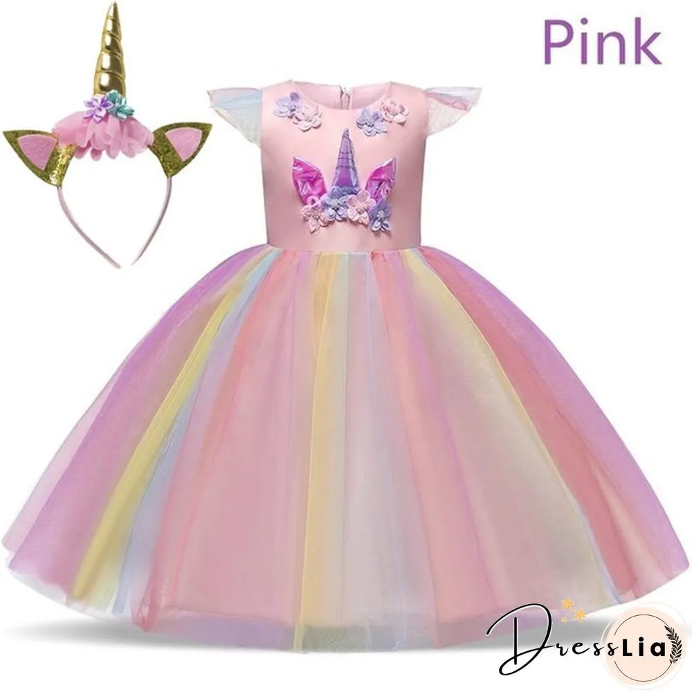 Summer Kids Girl Layered Tulle Unicorn Outfits Dress Headband for Carnival Halloween