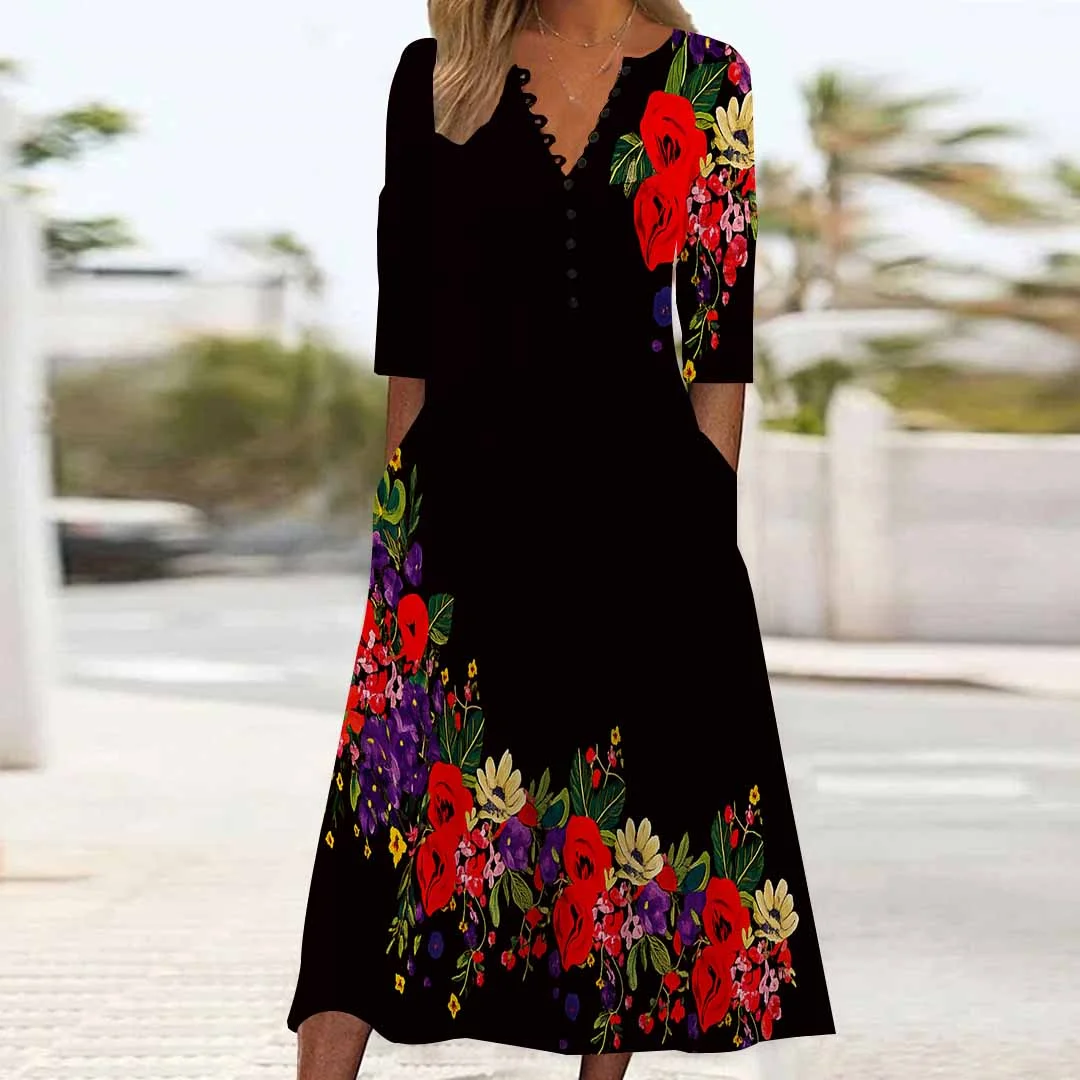 Women Floral,Black DZHB8317 Long Sleeve V-Neck Graphic Printed Midi Dress