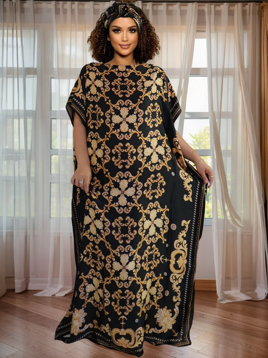 Plus Size, Plus Size Vibrant Geometric Kaftan Abaya With Matching Scarf - Middle Eastern Style Non-Stretch All-Season Flowy Lightweight Black & Golden Architectural Print, Hand Wash/Dry Clean | IFYHOME