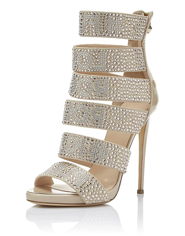 Natural Color Rhinestone Gladiator Heels Stiletto Heel Sandals |FSJ Shoes