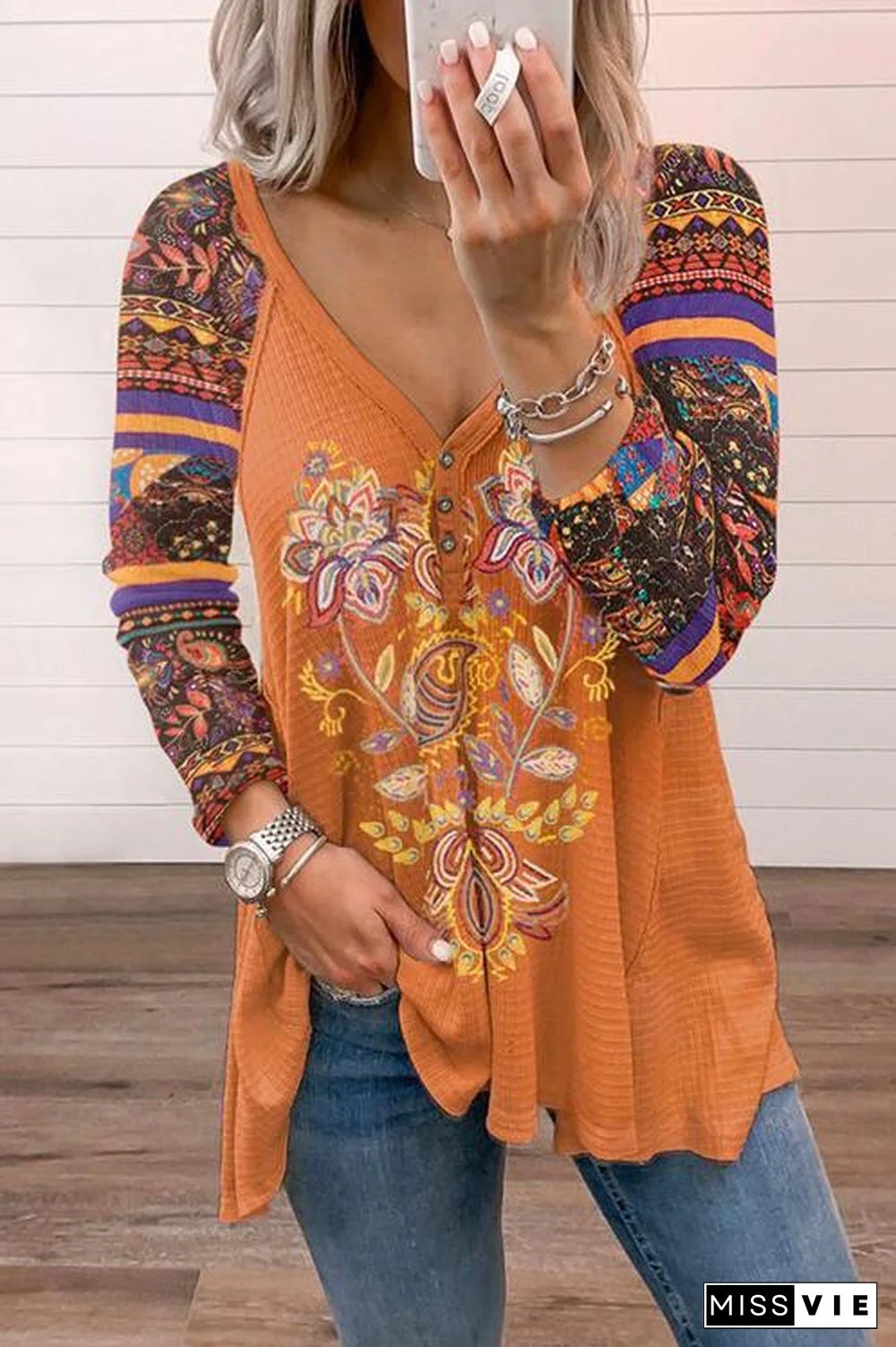 Vintage Buttons V Neck Printed Swing T-Shirt