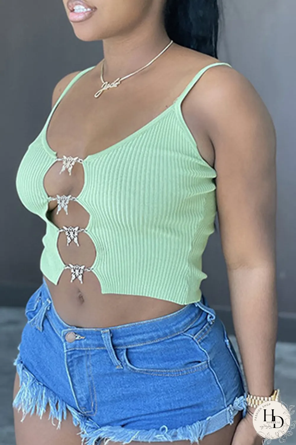 Light Blue Sexy Print Hollowed Out Spaghetti Strap Tops