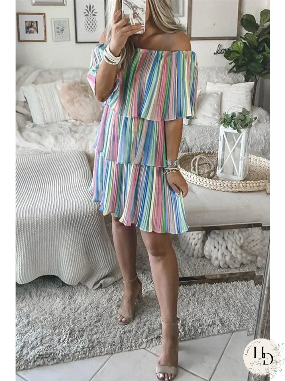 Rainbow Off-shoulder Pleated Dress P14339