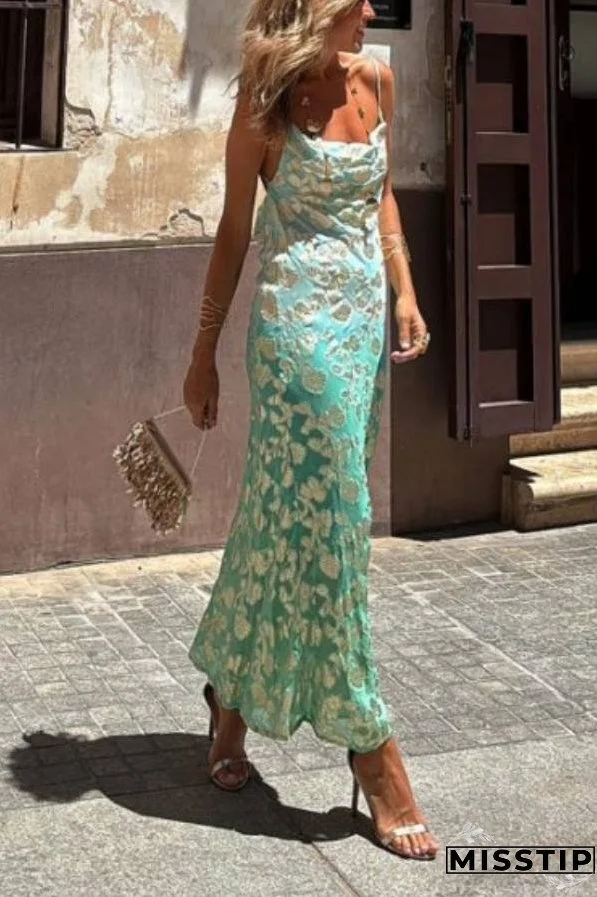 Tie Dye Ombre Gold Floral Print Sexy Strappy Maxi Dress