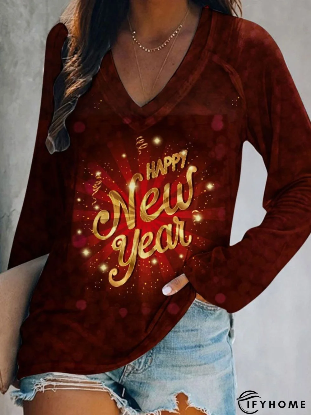 Happy New Year  Printed V Neck Long Sleeve T-shirt | IFYHOME