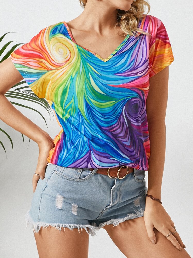 Multi color Print O neck Short Sleeve Casual T Shirt For Women P1832569