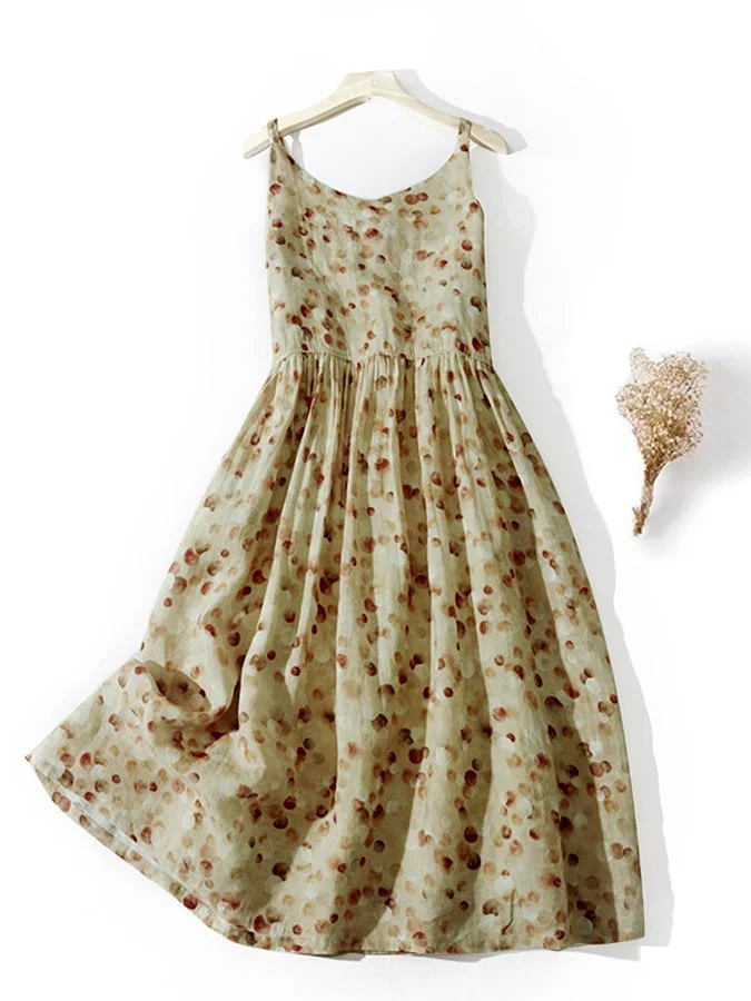 Cotton And Linen Commuting Artistic Printed Suspender Dress