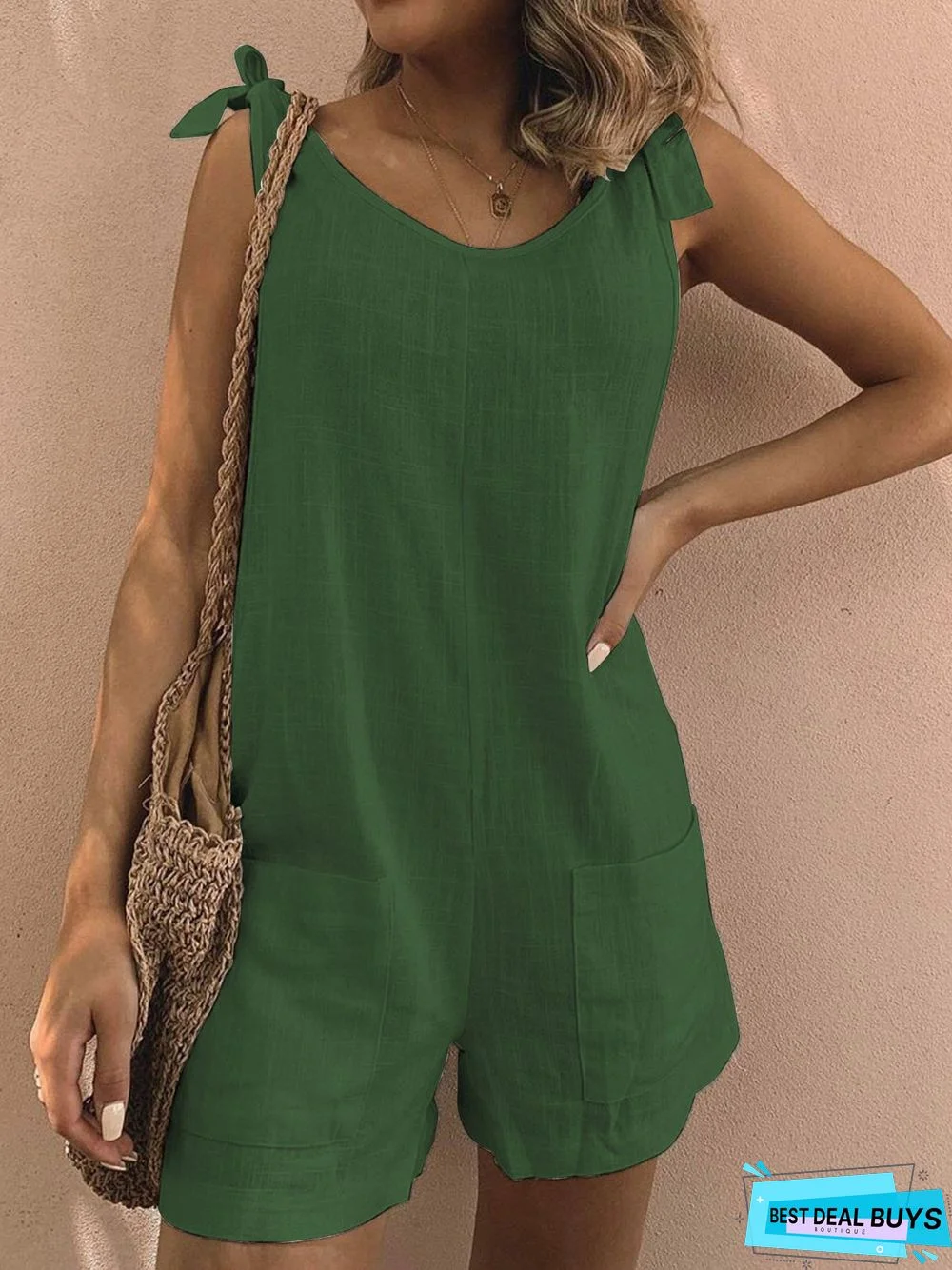 Pockets Sleeveless Casual Linen Romper