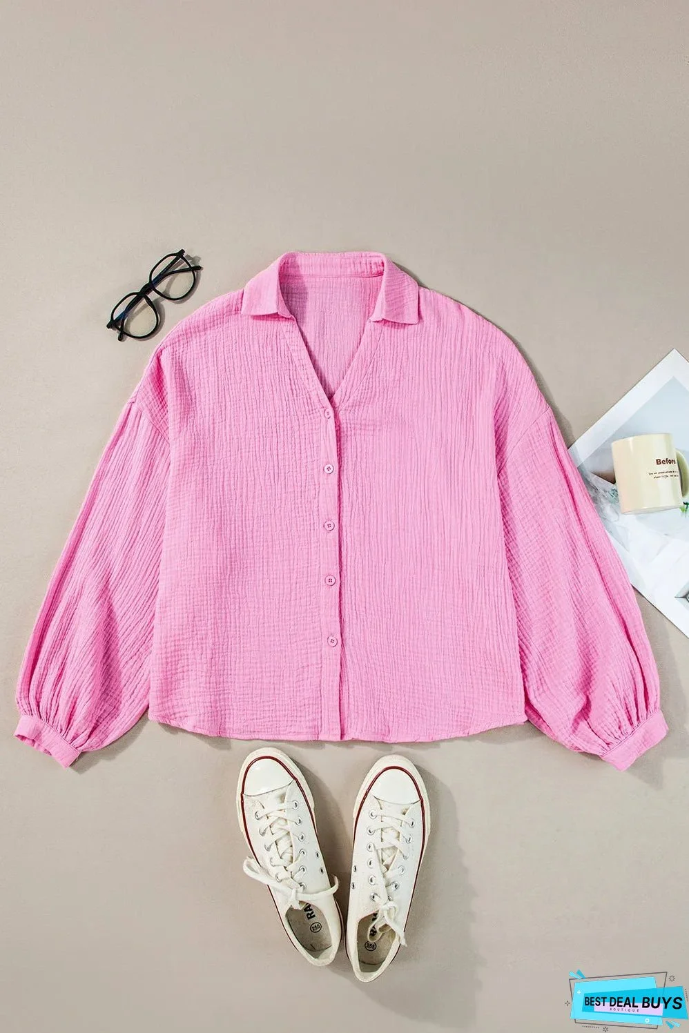 Bonbon Solid Color Puff Sleeve Crinkled Shirt