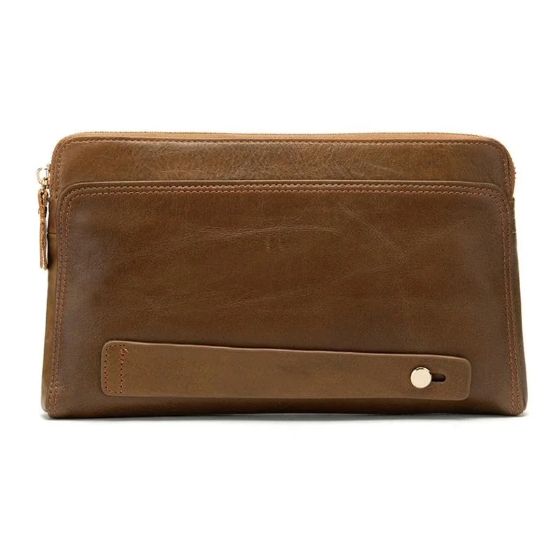 Mens Business Plain Leather Zipper Clutch Bags