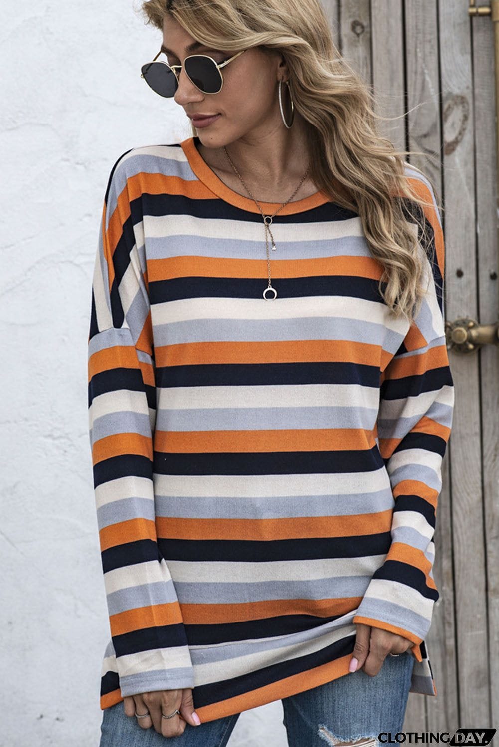 Multicolor Striped Drop Shoulder Loose Top with Slits