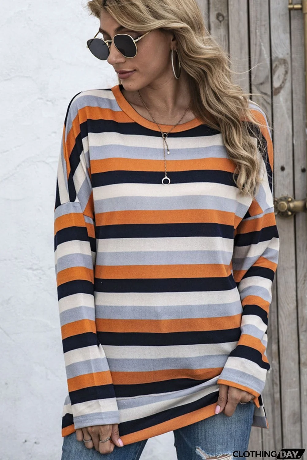 Multicolor Striped Drop Shoulder Loose Top with Slits