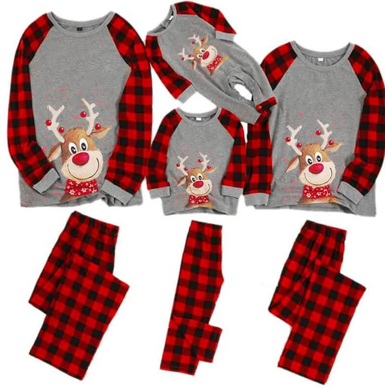 Christmas Deer Print Buffalo Plaid Family Matching Pajamas Sets(Grey)