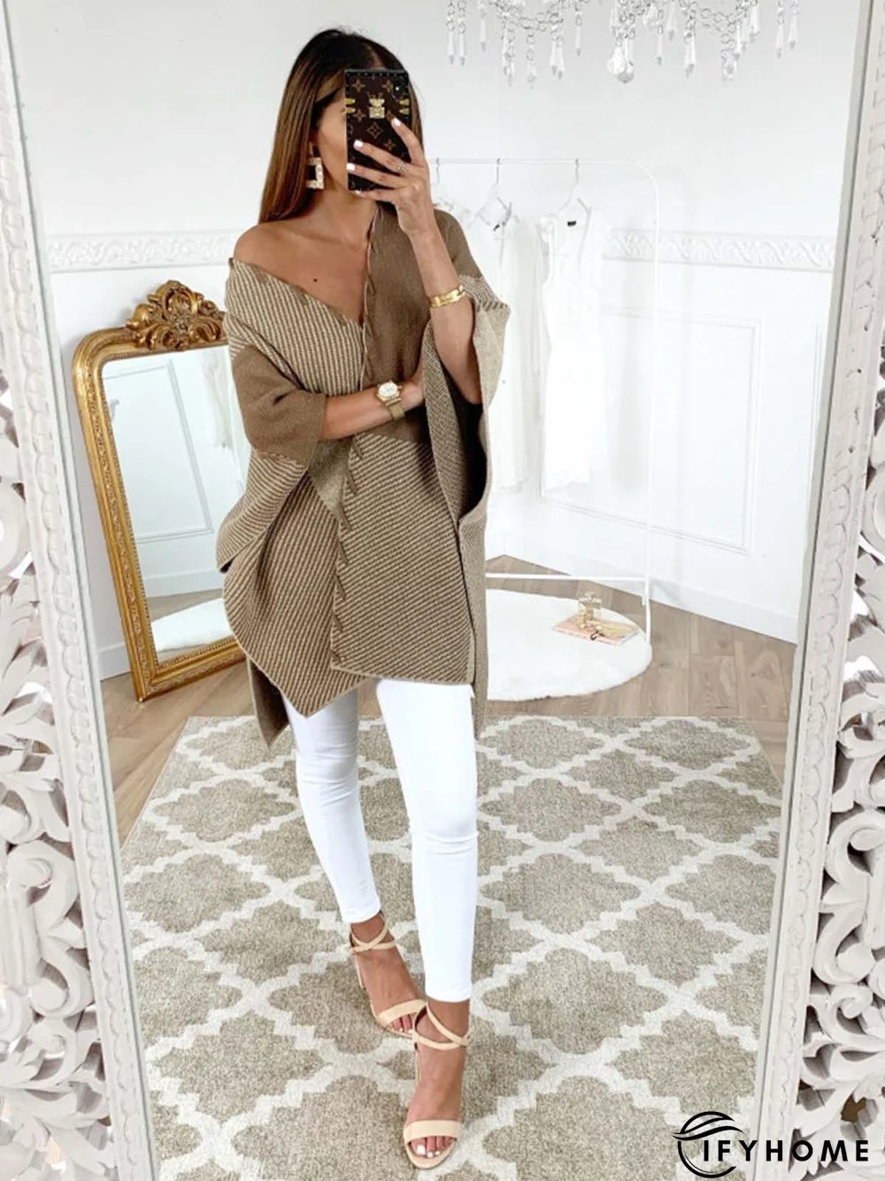 Khaki Casual Knitted V Neck Tunic Sweater Knit Jumper | IFYHOME