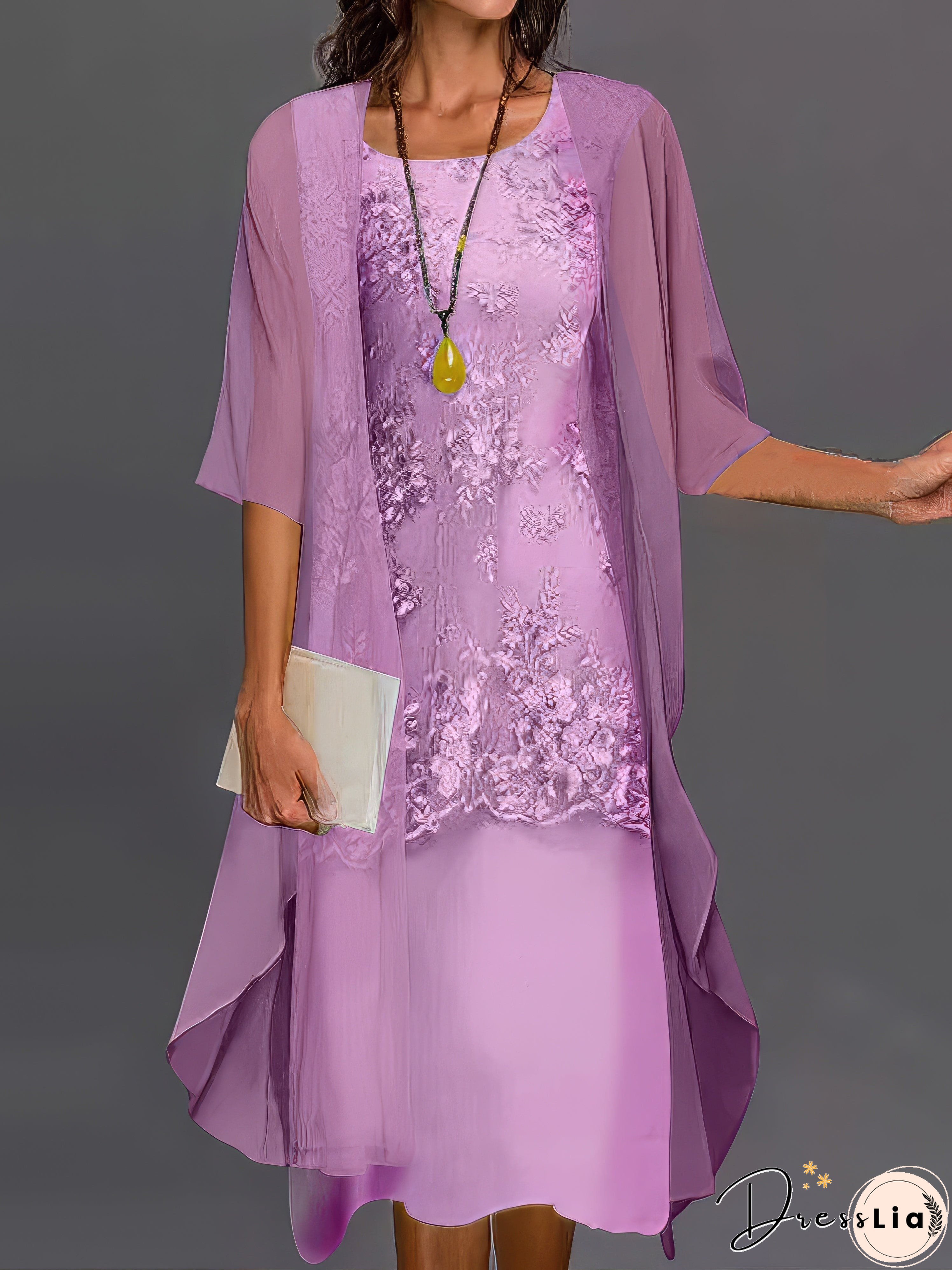 Lace Floral Embroidered Layered Patchwork Crew Neck Elegant Midi Dress