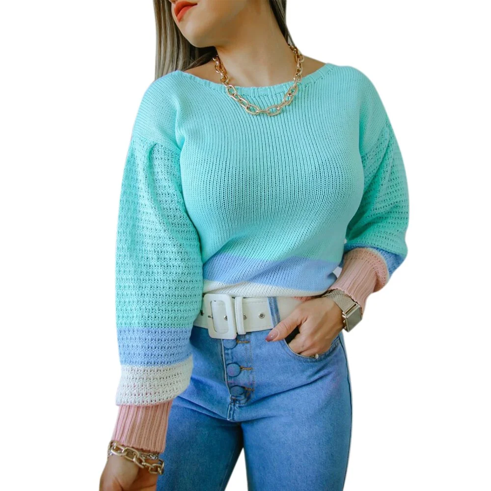 Casual Classic Women Long Sleeve Round Neck Sweater Knitted Colorblock Patchwork Spring Autumn Loose Jumper Warm Ladies Pullover