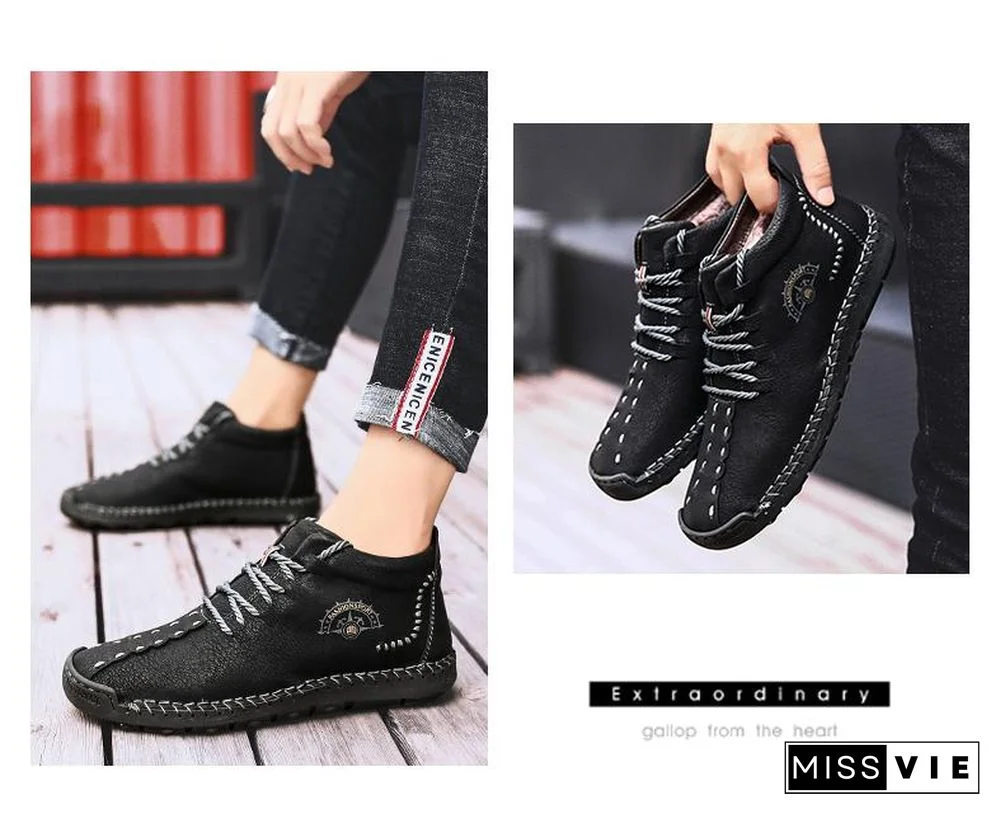 Warm Mens Boots Working Tactical Boots Split Leather Ankle Boots Plush Snow Boots Lace-up Winter Shoes