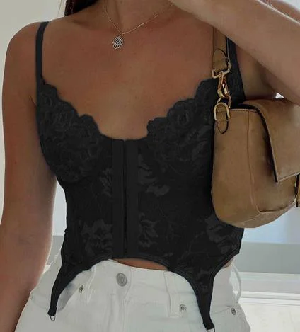 y2k Sexy Women Camisole Top Floral Lace Button Up Backless Slim Fit Crop Top Retro Aesthetic Harajuku Mini Vest Clothing
