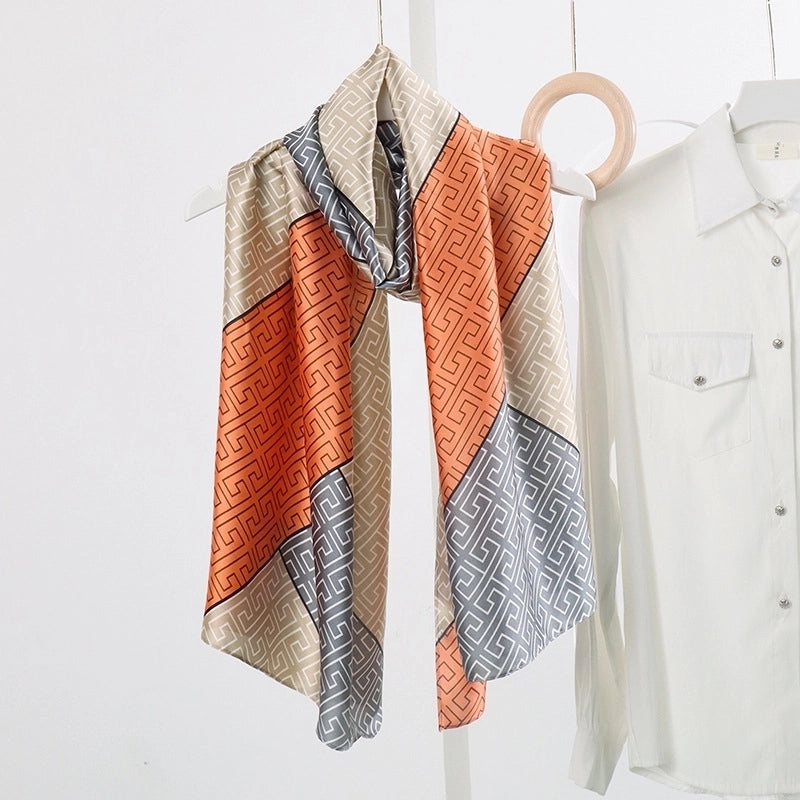 Women’s Fashion Letter Plaid Satin Printing Silk Scarves